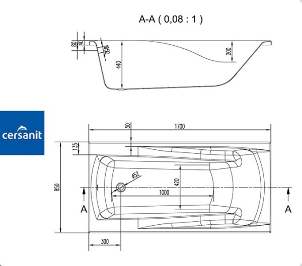 Ванна прямоугольная Церсанит ZEN 170x85