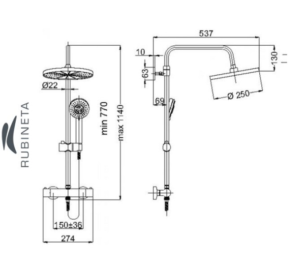 Rubineta RIVER+THERMO-15 душевая колонна в ванную