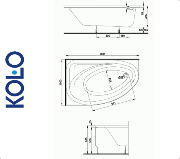 Kolo SPRING 160x100 L / XWA3061 Ванна акриловая (левая, с ножками)