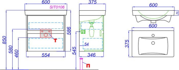 Aqwella Тумба City 60 CI0106DK с умывальником Moduo Slim 60 UM-MOD60SL/1