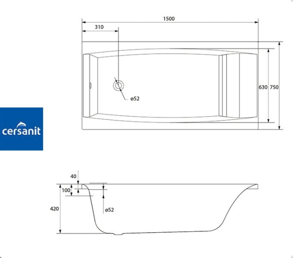 Ванна прямоугольная Церсанит VIRGO 150x75