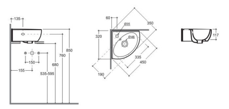 Умывальник Керамин Лаго угловой 45 с отверстием CDB00023549