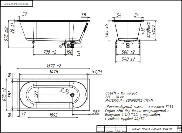 БОРНЕО 160х70 ванна Belux [4810924296740]