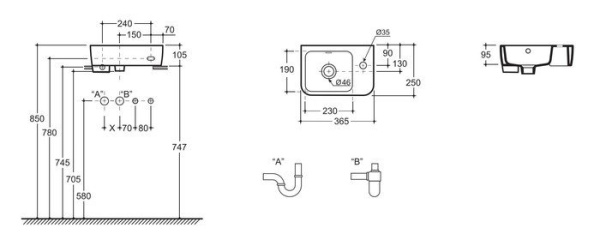 Умывальник Керамин Сквэа 36 с отверстием CDB00023579