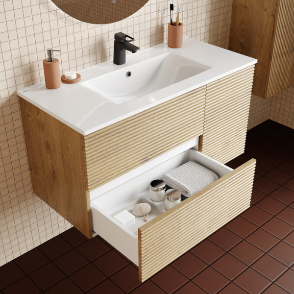 Bild, ID тумба IDDIS 100 см, [BIL10V0i95K], Дуб светлый, с умывальником