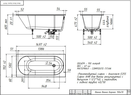 БОРНЕО 150х70 ванна Belux [4810924296733]